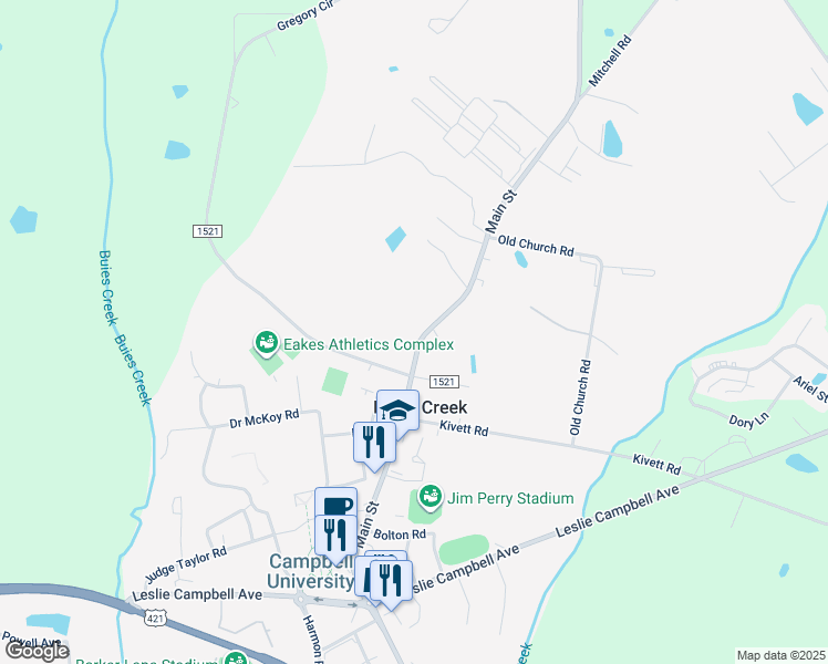 map of restaurants, bars, coffee shops, grocery stores, and more near 543 Main Street in Lillington