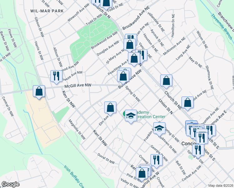 map of restaurants, bars, coffee shops, grocery stores, and more near 140 Elm Avenue Northwest in Concord