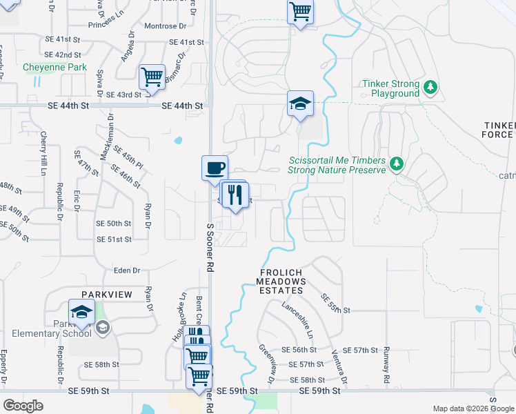map of restaurants, bars, coffee shops, grocery stores, and more near 4915 Avion Court in Oklahoma City