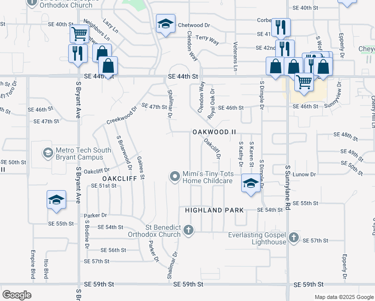 map of restaurants, bars, coffee shops, grocery stores, and more near 5021 Keith Drive in Oklahoma City