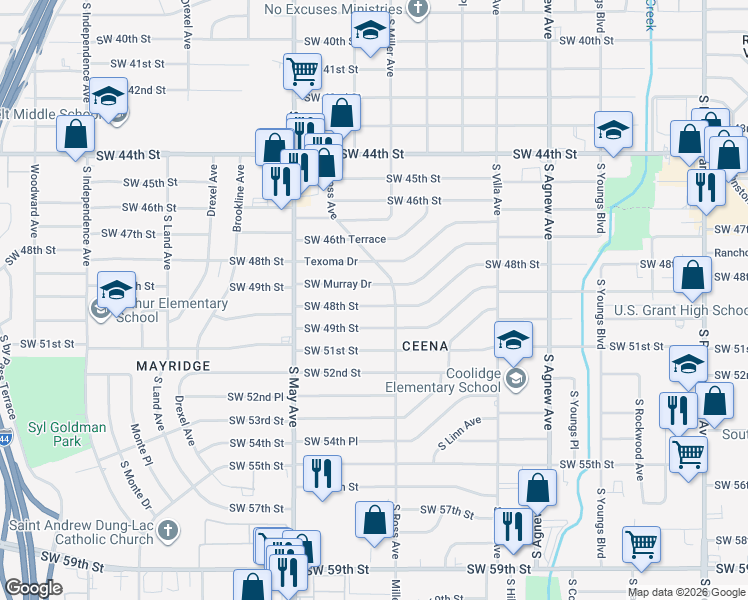 map of restaurants, bars, coffee shops, grocery stores, and more near 2700 Southwest 48th Street in Oklahoma City