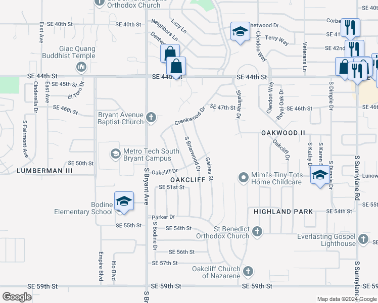 map of restaurants, bars, coffee shops, grocery stores, and more near 5009 South Briarwood Drive in Oklahoma City