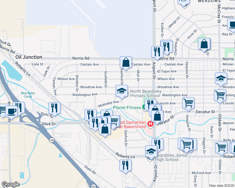 map of restaurants, bars, coffee shops, grocery stores, and more near 901 Nixon Way in Bakersfield