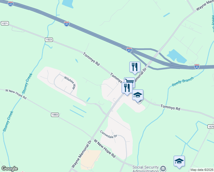 map of restaurants, bars, coffee shops, grocery stores, and more near 203 Shadywood Drive in Goldsboro