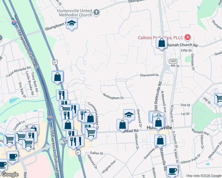 map of restaurants, bars, coffee shops, grocery stores, and more near 204 Nottingham Drive in Huntersville