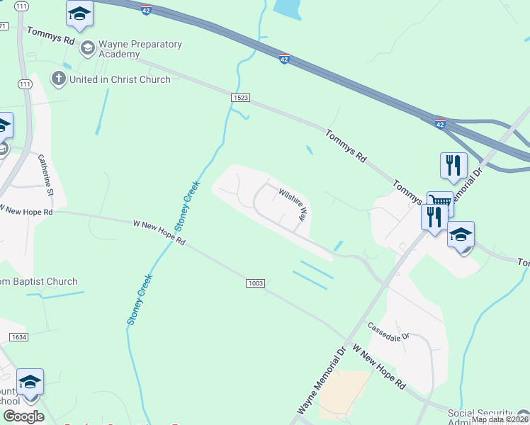 map of restaurants, bars, coffee shops, grocery stores, and more near 407 Windsor Creek Parkway in Goldsboro