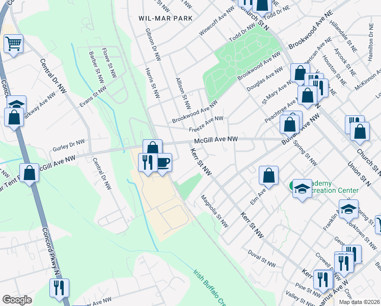 map of restaurants, bars, coffee shops, grocery stores, and more near 405 Kerr Street Northwest in Concord