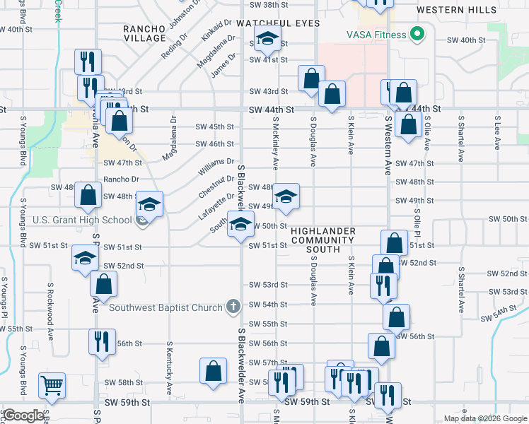 map of restaurants, bars, coffee shops, grocery stores, and more near 1211 Southwest 50th Street in Oklahoma City