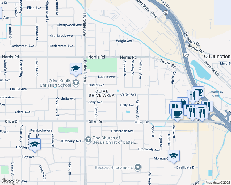 map of restaurants, bars, coffee shops, grocery stores, and more near 6100 Carter Avenue in Bakersfield