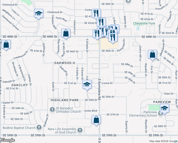 map of restaurants, bars, coffee shops, grocery stores, and more near 4200 Southeast 49th Street in Oklahoma City