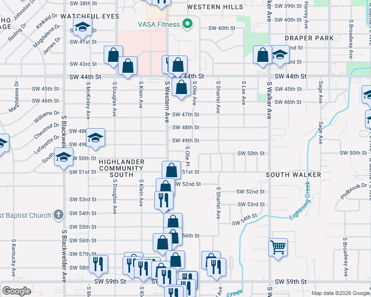 map of restaurants, bars, coffee shops, grocery stores, and more near 5031 South Olie Place in Oklahoma City