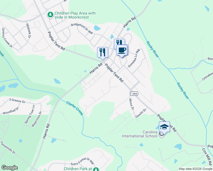 map of restaurants, bars, coffee shops, grocery stores, and more near 168 Northchase Drive in Concord