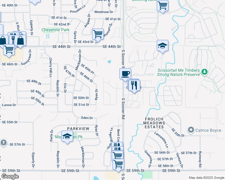 map of restaurants, bars, coffee shops, grocery stores, and more near 5036 Burntwood Drive in Oklahoma City