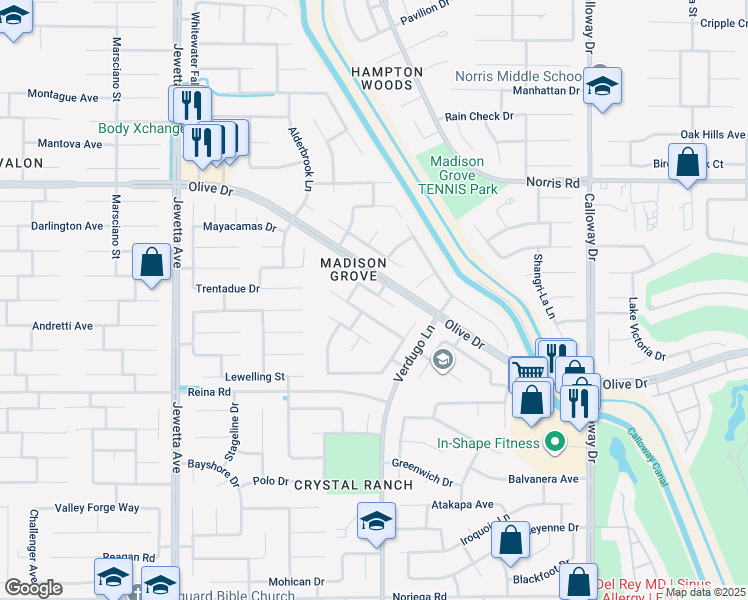 map of restaurants, bars, coffee shops, grocery stores, and more near 10509 Brandywine Falls Avenue in Bakersfield