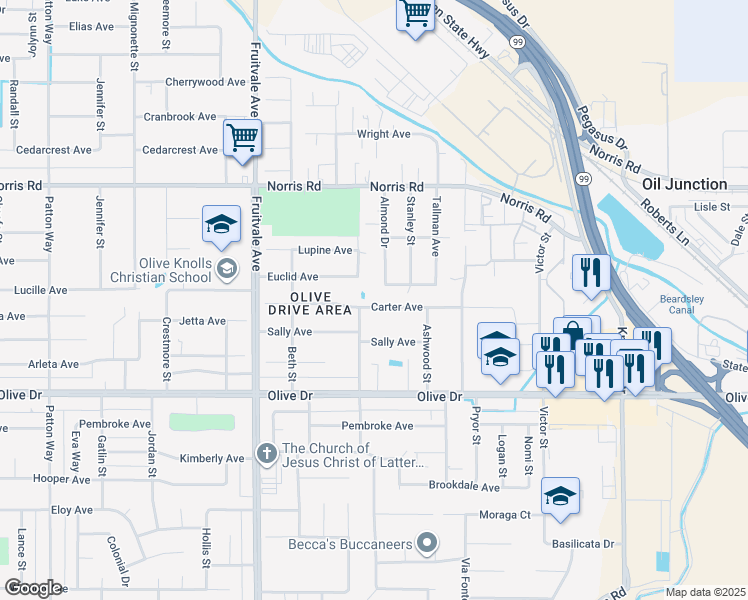 map of restaurants, bars, coffee shops, grocery stores, and more near 6008 Carter Avenue in Bakersfield