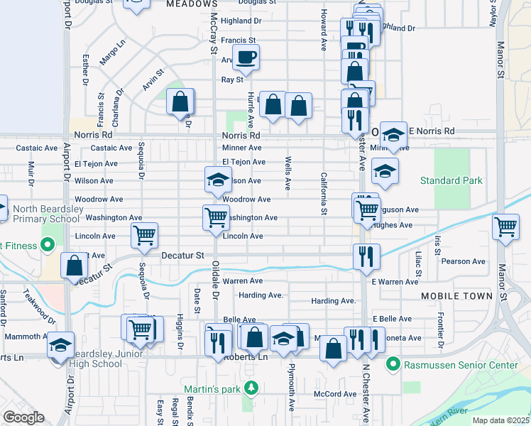 map of restaurants, bars, coffee shops, grocery stores, and more near 318 Washington Avenue in Bakersfield