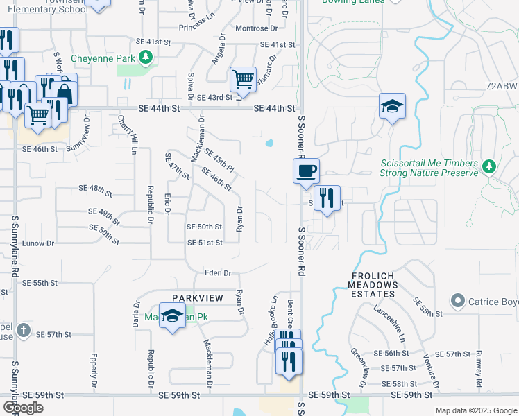 map of restaurants, bars, coffee shops, grocery stores, and more near 5008 Kindling Lane in Oklahoma City