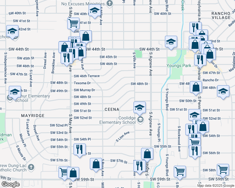 map of restaurants, bars, coffee shops, grocery stores, and more near 2544 Southwest 49th Street in Oklahoma City
