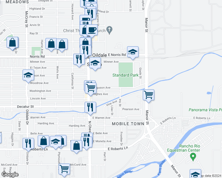 map of restaurants, bars, coffee shops, grocery stores, and more near 213 Hughes Avenue in Bakersfield