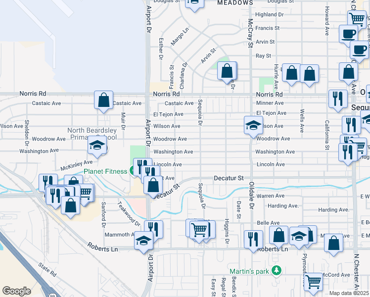 map of restaurants, bars, coffee shops, grocery stores, and more near 713 Washington Avenue in Bakersfield