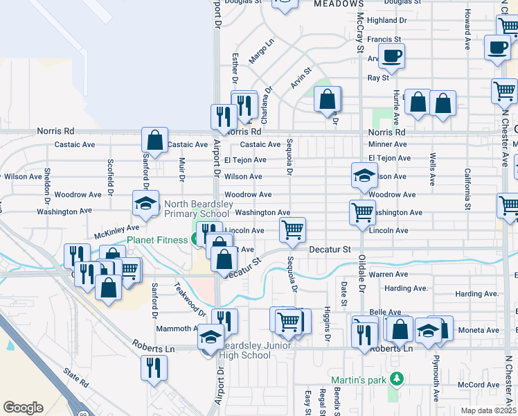 map of restaurants, bars, coffee shops, grocery stores, and more near 802 Lincoln Avenue in Bakersfield