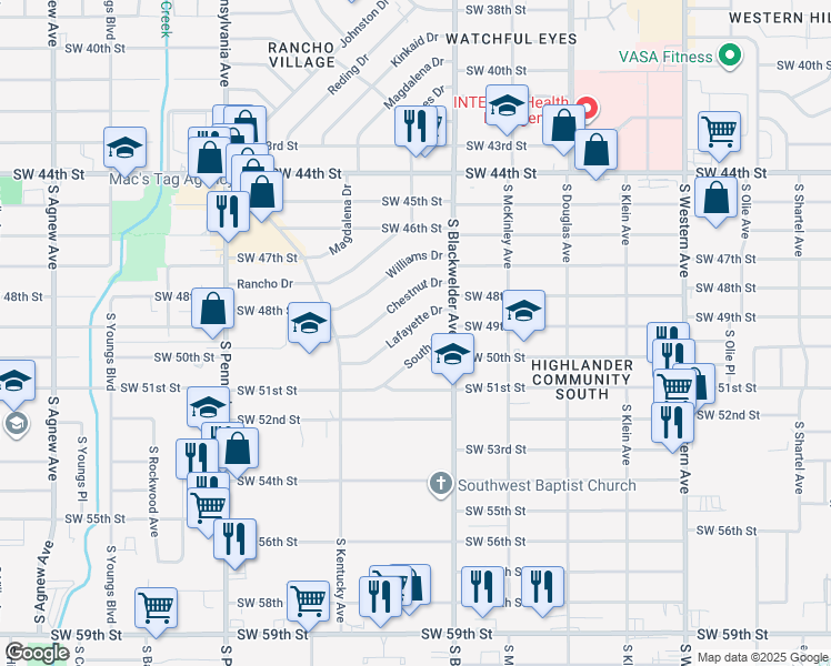 map of restaurants, bars, coffee shops, grocery stores, and more near 1334 South Drive in Oklahoma City