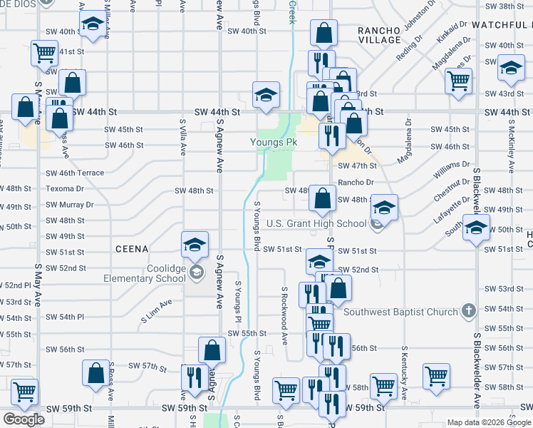 map of restaurants, bars, coffee shops, grocery stores, and more near 5003 South Youngs Boulevard in Oklahoma City