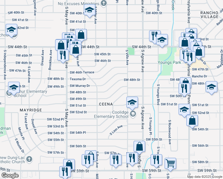 map of restaurants, bars, coffee shops, grocery stores, and more near 2544 Southwest 49th Street in Oklahoma City