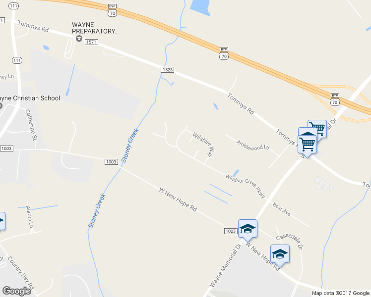 map of restaurants, bars, coffee shops, grocery stores, and more near 407 Windsor Creek Parkway in Goldsboro