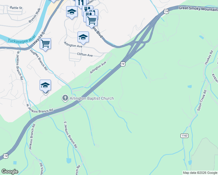 map of restaurants, bars, coffee shops, grocery stores, and more near 291 Breedlove Road in Bryson City