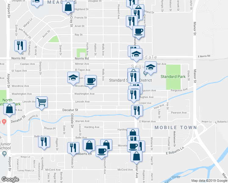 map of restaurants, bars, coffee shops, grocery stores, and more near 208 Washington Avenue in Bakersfield