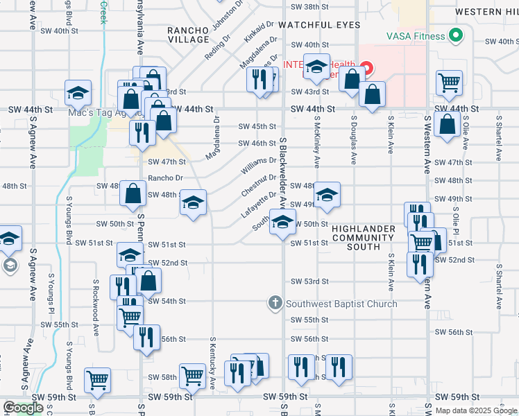 map of restaurants, bars, coffee shops, grocery stores, and more near 1334 South Drive in Oklahoma City