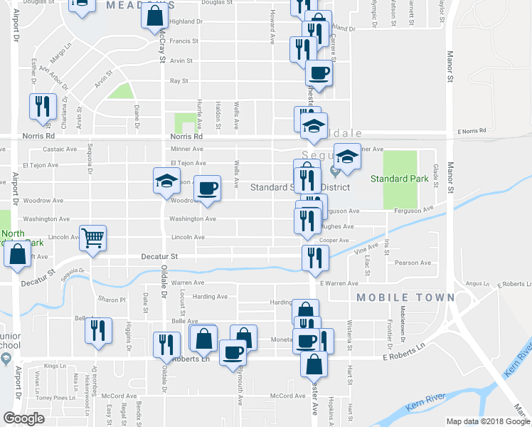 map of restaurants, bars, coffee shops, grocery stores, and more near 204 Washington Avenue in Bakersfield
