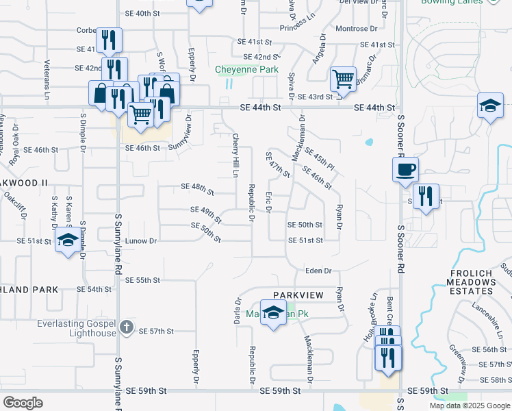map of restaurants, bars, coffee shops, grocery stores, and more near 4832 Republic Drive in Oklahoma City