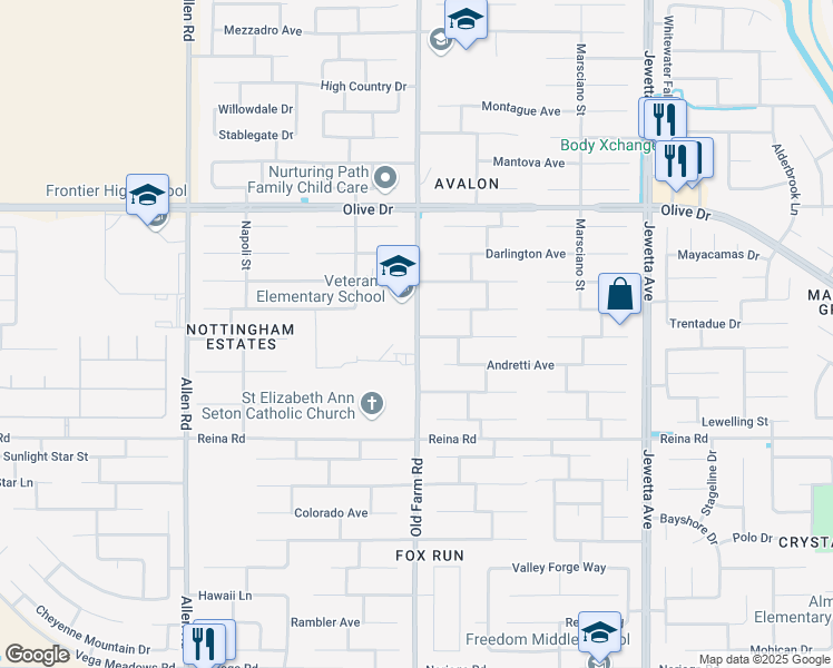 map of restaurants, bars, coffee shops, grocery stores, and more near 6301 Old Farm Road in Bakersfield