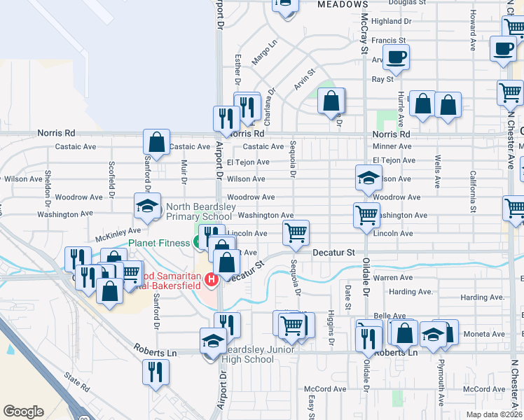 map of restaurants, bars, coffee shops, grocery stores, and more near 802 Lincoln Avenue in Bakersfield