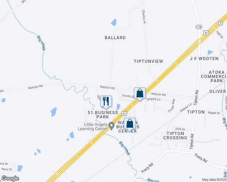 map of restaurants, bars, coffee shops, grocery stores, and more near 647 Watson Road in Munford