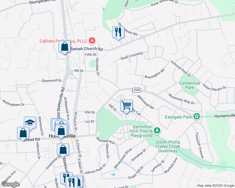 map of restaurants, bars, coffee shops, grocery stores, and more near 14600 Glendale Drive in Huntersville