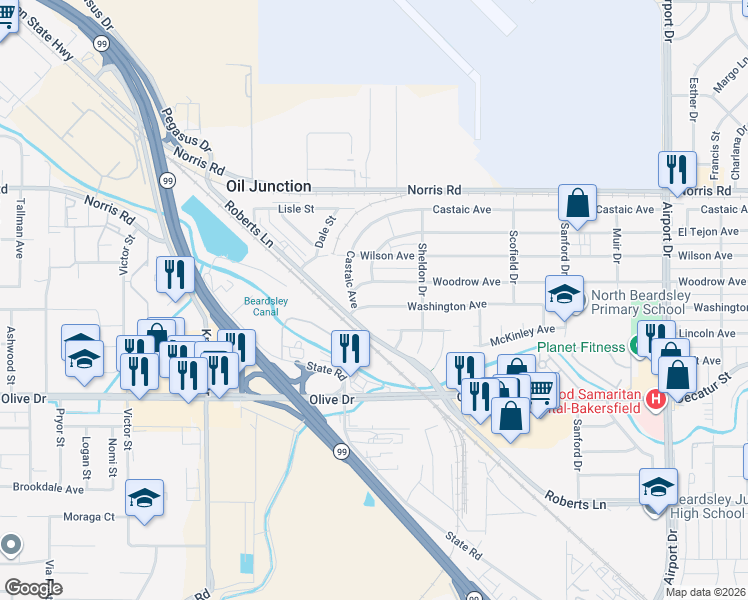 map of restaurants, bars, coffee shops, grocery stores, and more near 1318 Washington Avenue in Bakersfield