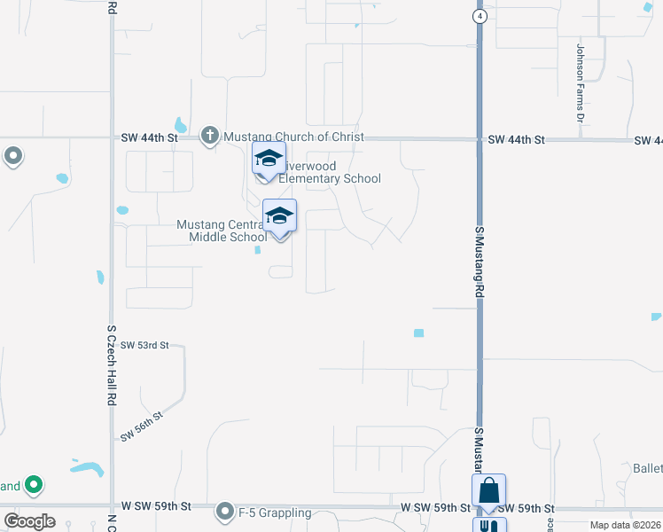 map of restaurants, bars, coffee shops, grocery stores, and more near 11749 Southwest 54th Street in Mustang