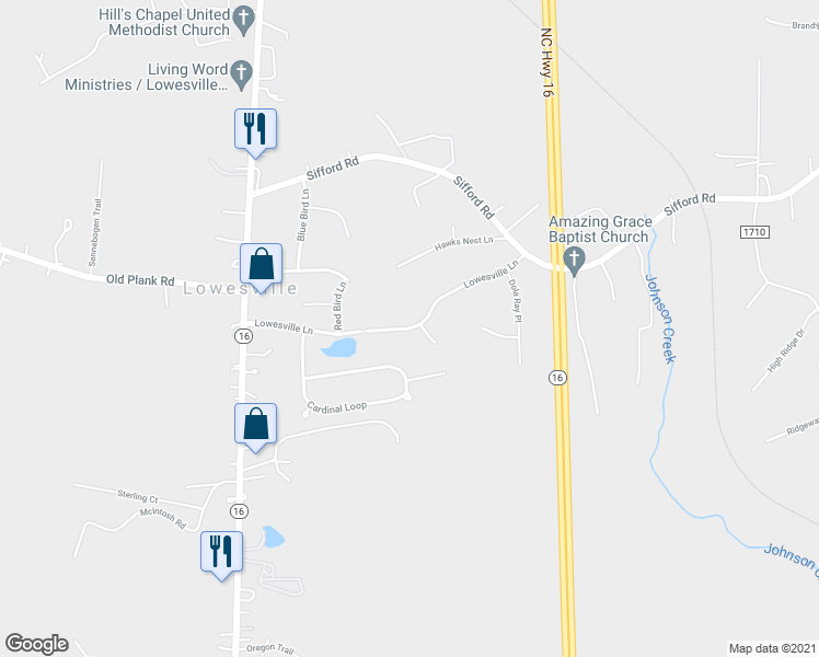 map of restaurants, bars, coffee shops, grocery stores, and more near 6756 Lowesville Lane in Stanley