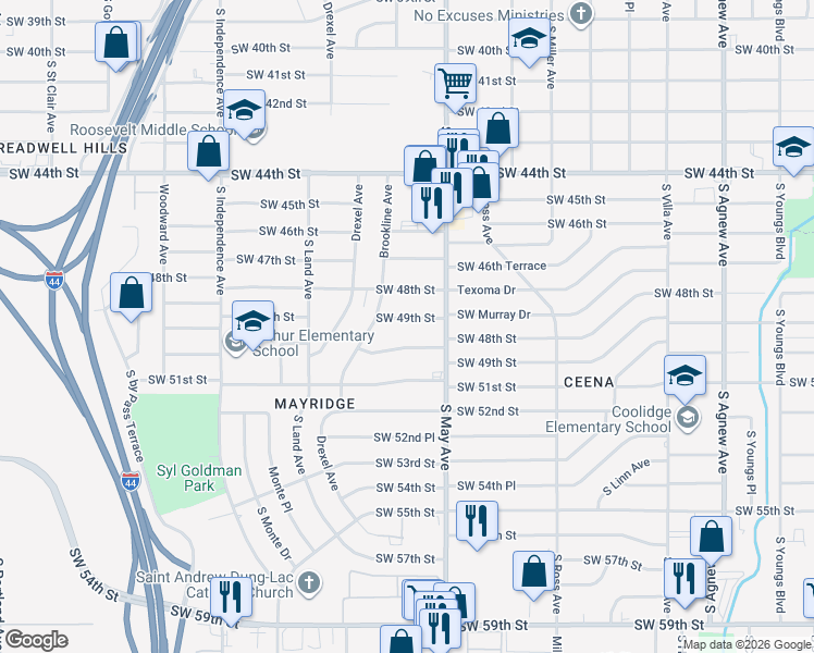 map of restaurants, bars, coffee shops, grocery stores, and more near 2937 Southwest 49th Street in Oklahoma City
