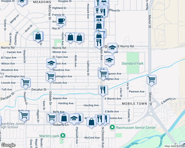 map of restaurants, bars, coffee shops, grocery stores, and more near 110 Woodrow Avenue in Bakersfield