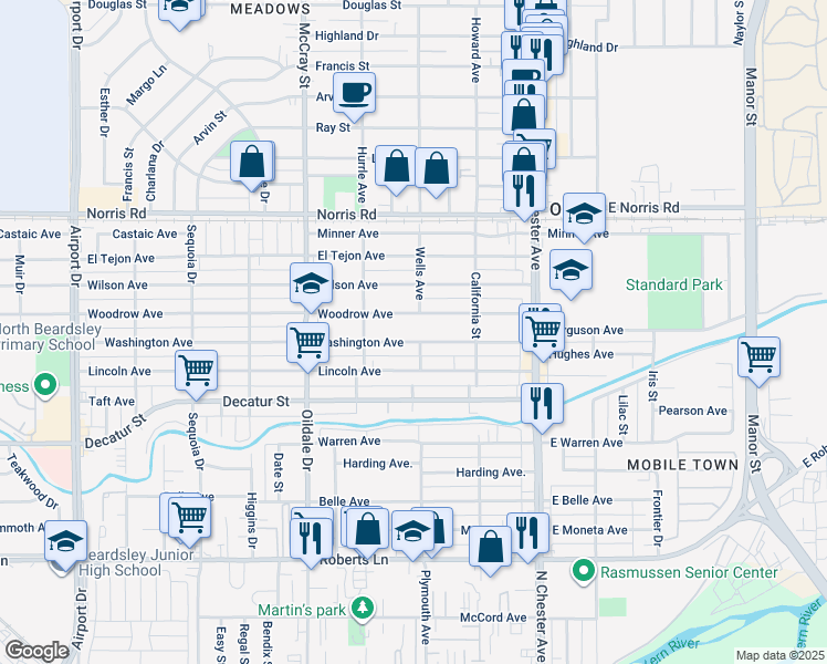 map of restaurants, bars, coffee shops, grocery stores, and more near 310 Woodrow Avenue in Bakersfield