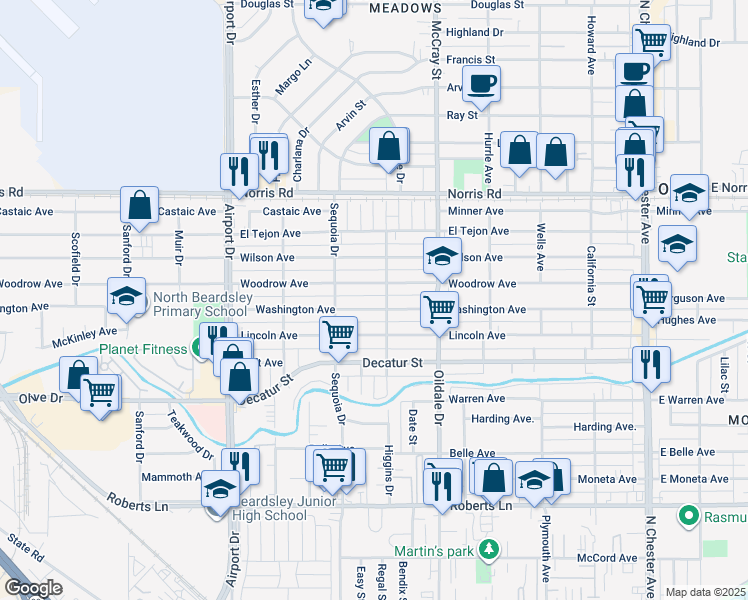 map of restaurants, bars, coffee shops, grocery stores, and more near 600 Woodrow Avenue in Bakersfield