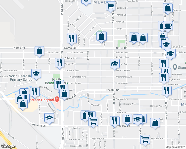 map of restaurants, bars, coffee shops, grocery stores, and more near 620 Woodrow Avenue in Bakersfield