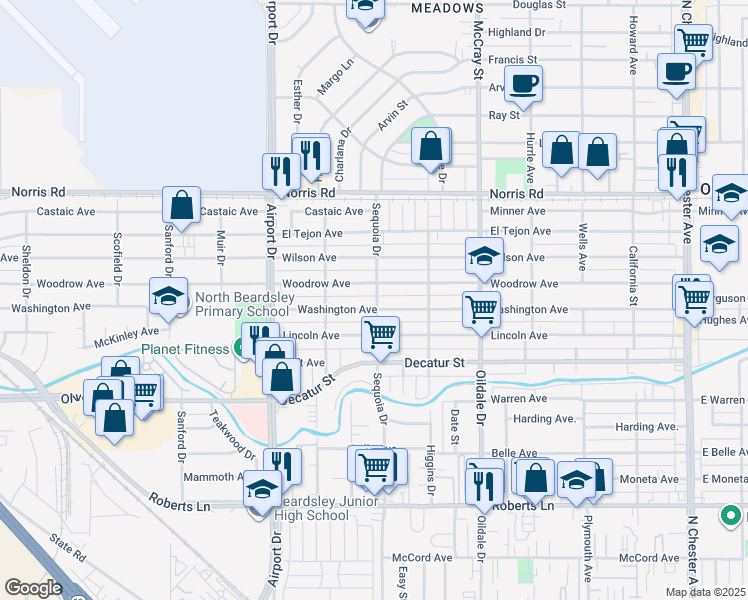 map of restaurants, bars, coffee shops, grocery stores, and more near 620 Woodrow Avenue in Bakersfield