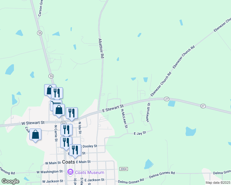 map of restaurants, bars, coffee shops, grocery stores, and more near 105 Coatsberry Village Court in Coats