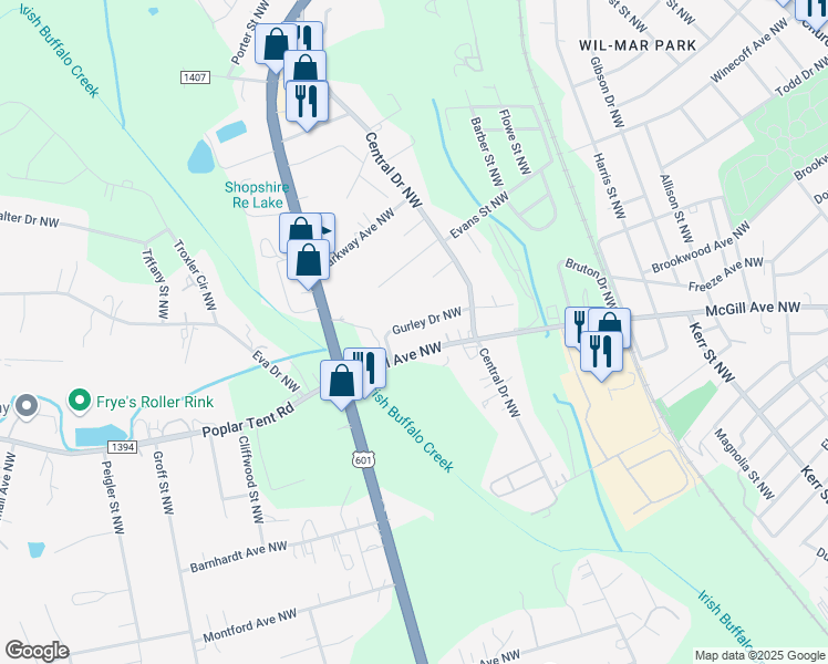 map of restaurants, bars, coffee shops, grocery stores, and more near 338 Gurley Drive Northwest in Concord