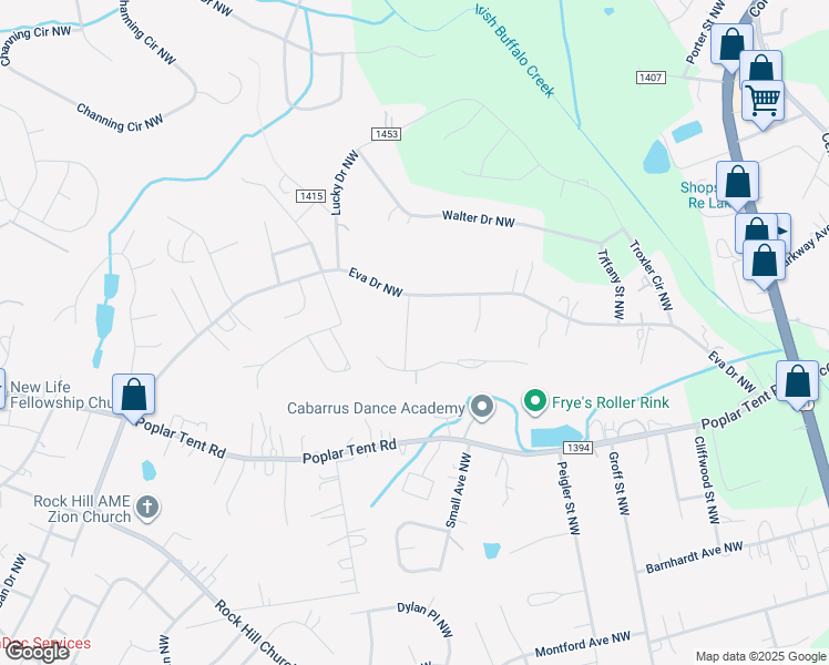 map of restaurants, bars, coffee shops, grocery stores, and more near 3039 Eva Drive Northwest in Concord